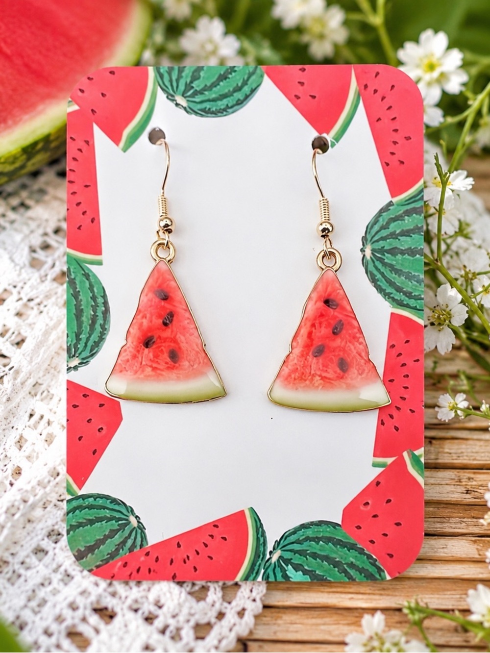 New Watermelon Wedge Dangle Earrings 🍉 (1.7” long x 0.9” wide) (Version 1)